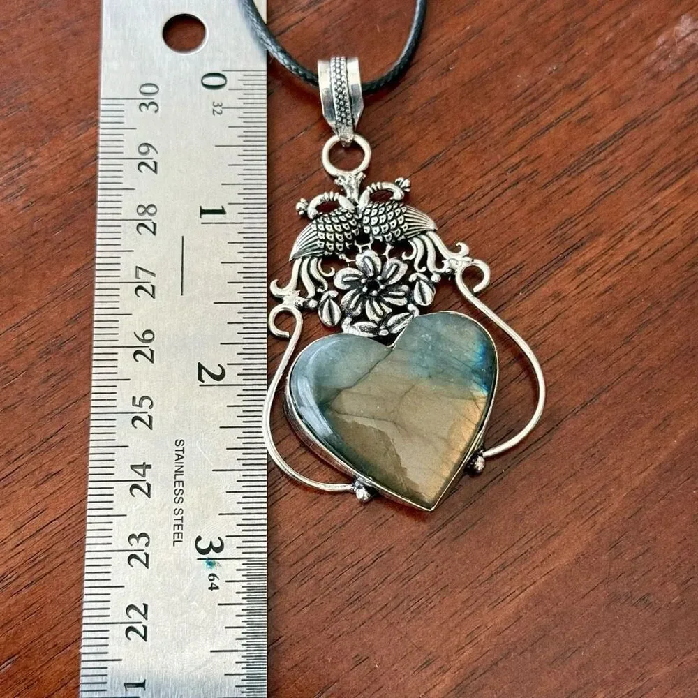 Stunning Heart Labradorite Pendant Statement Necklace Unique Peacock Framed
